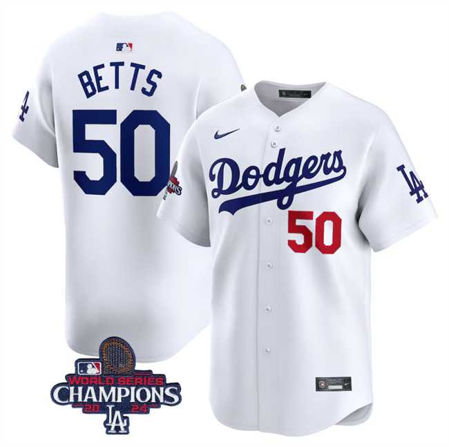 Men%27s Los Angeles Dodgers #50 Mookie Betts White 2024 World Series Champions Home Limited Stitched Baseball Jersey